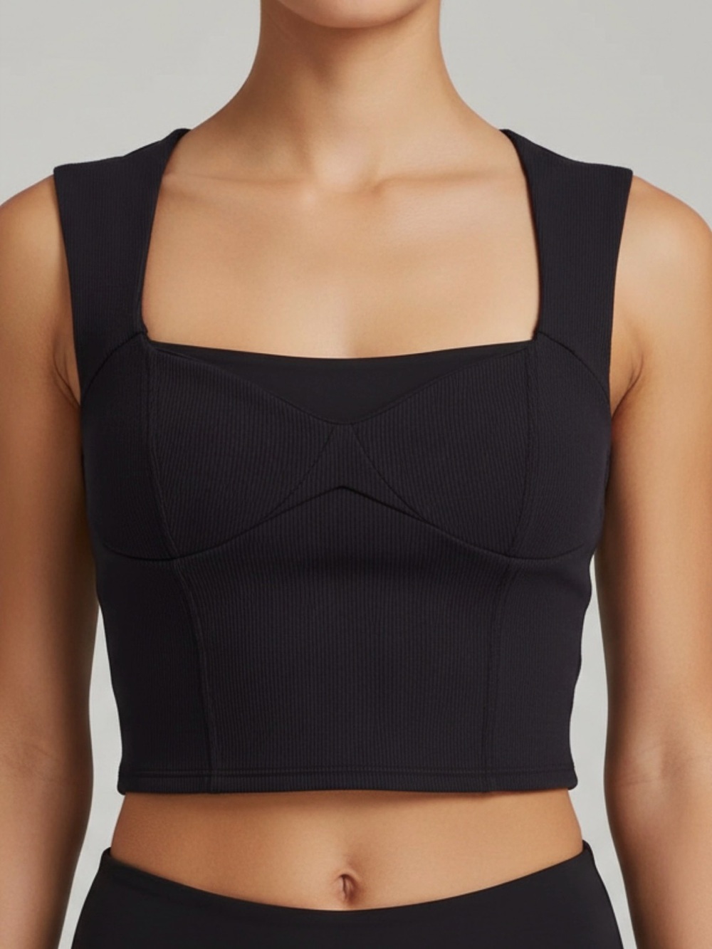 ALO Yoga Black Ribbed Crop Top with Corset Style Bust Seams